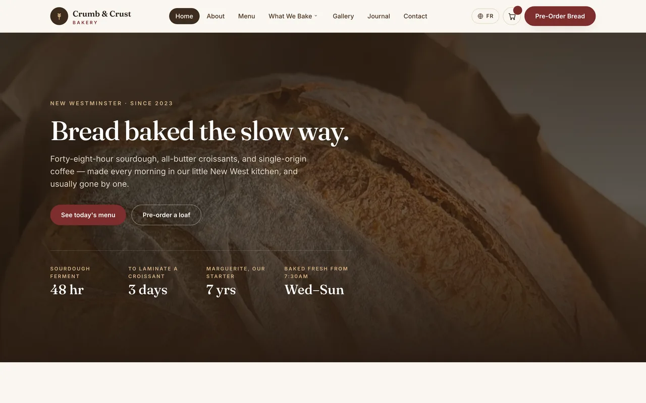 Crumb & Crust Bakery website homepage built by SnowMark Digital