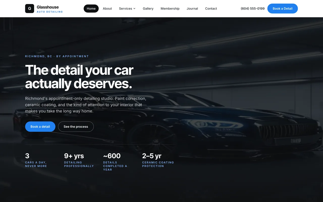 Glasshouse Auto Detailing website homepage built by SnowMark Digital