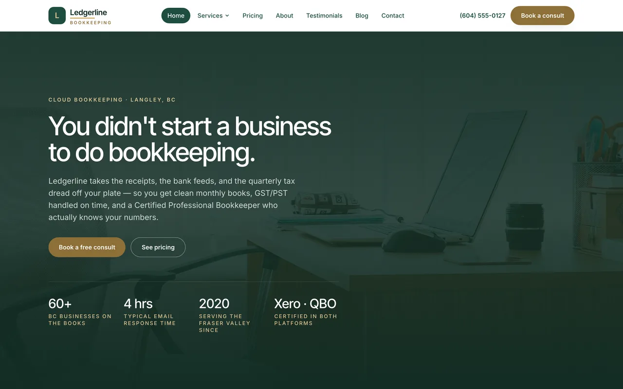Ledgerline Bookkeeping website homepage built by SnowMark Digital