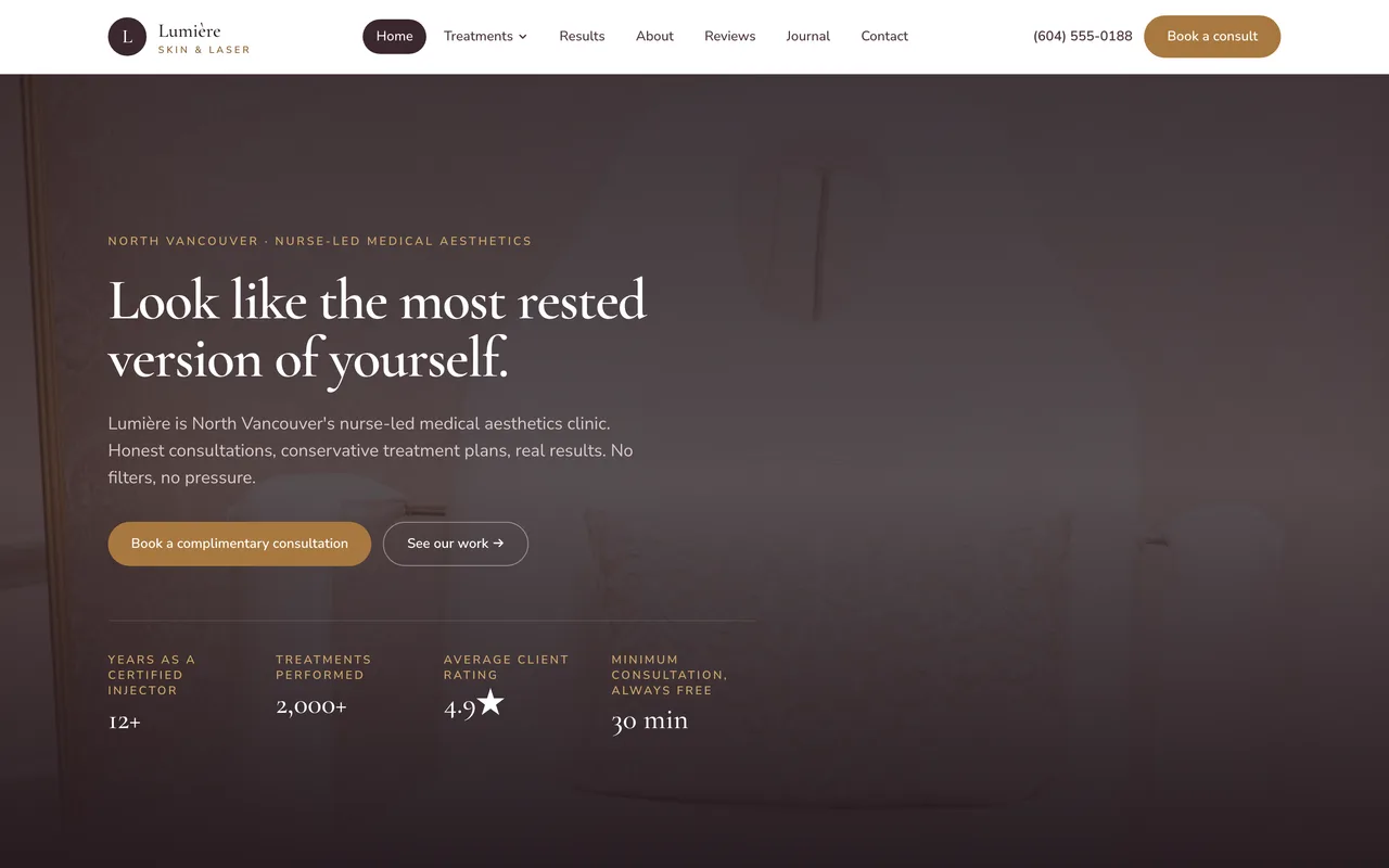 Lumière Skin & Laser clinic website homepage built by SnowMark Digital