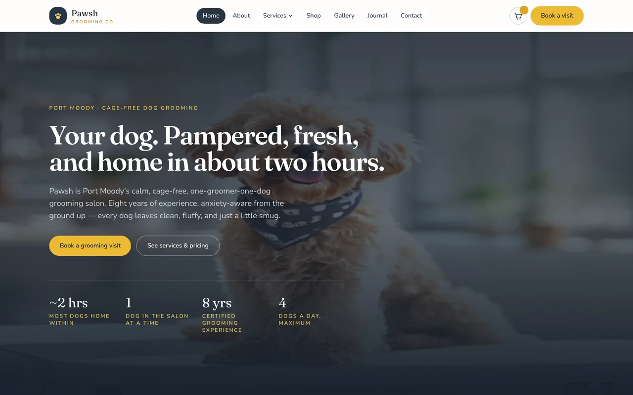 Pawsh Grooming Co pet grooming website homepage built by SnowMark Digital