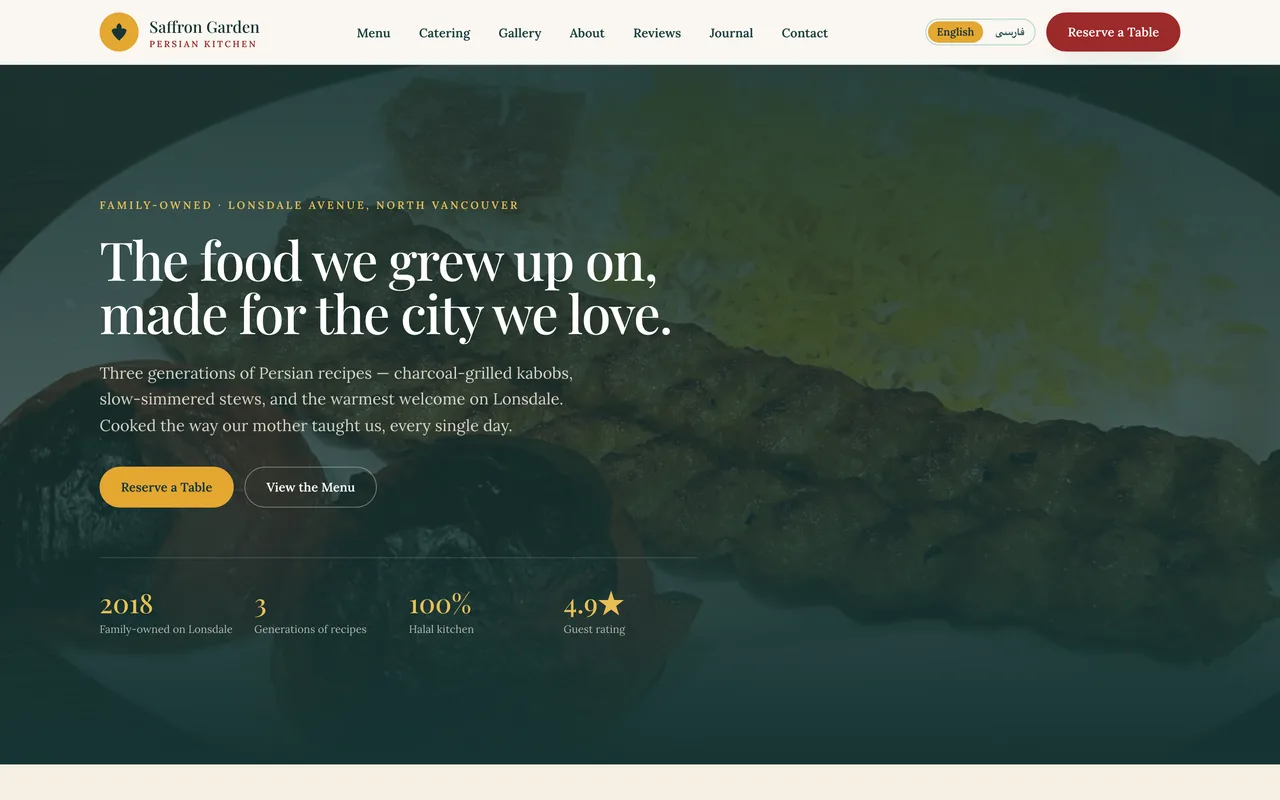 Saffron Garden Persian restaurant website homepage built by SnowMark Digital