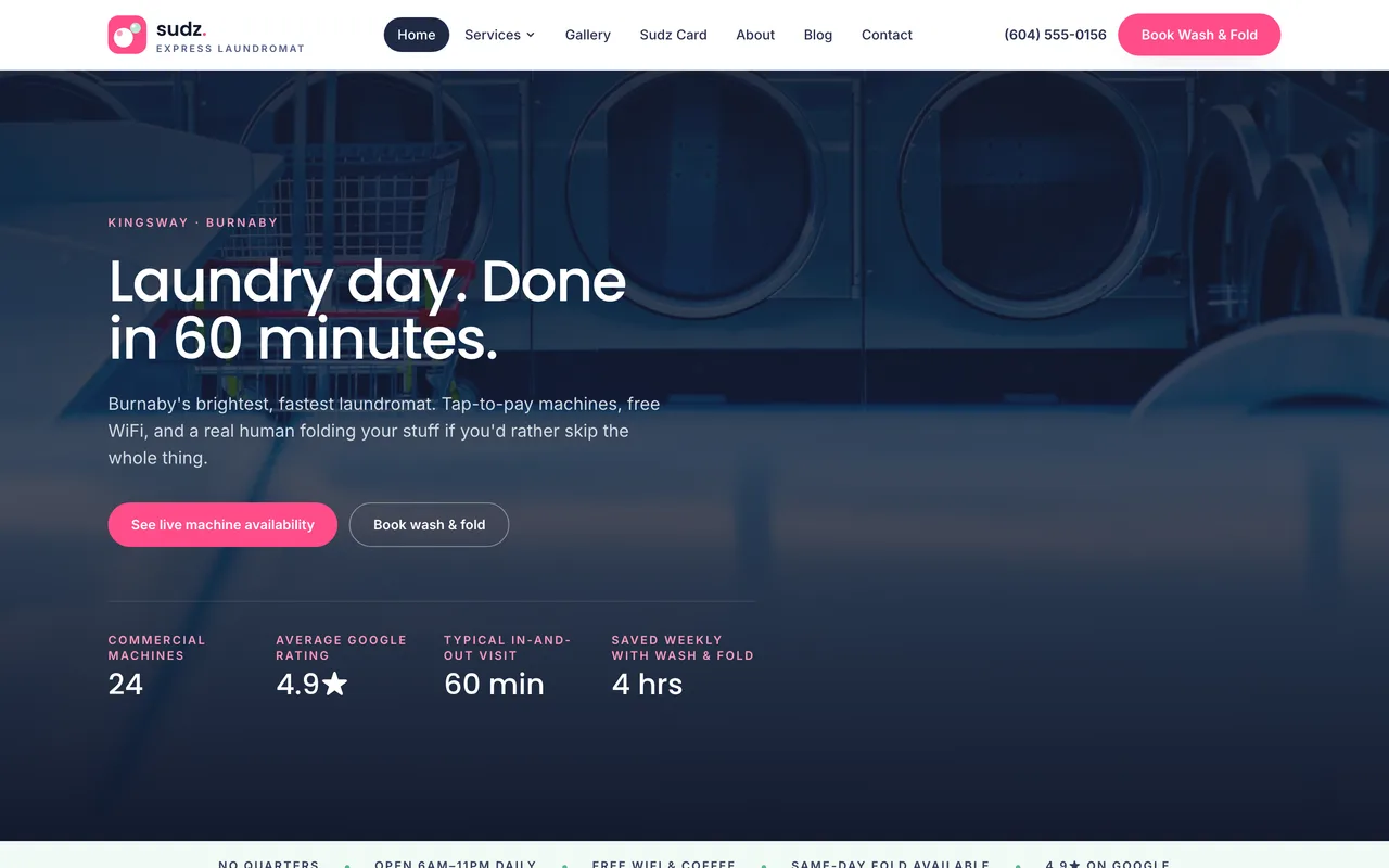 Sudz Express Laundromat website homepage built by SnowMark Digital