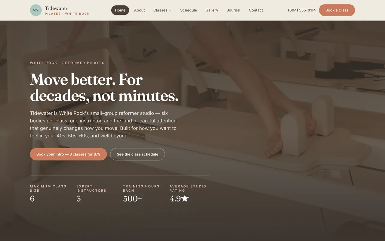 Tidewater Pilates studio website homepage built by SnowMark Digital